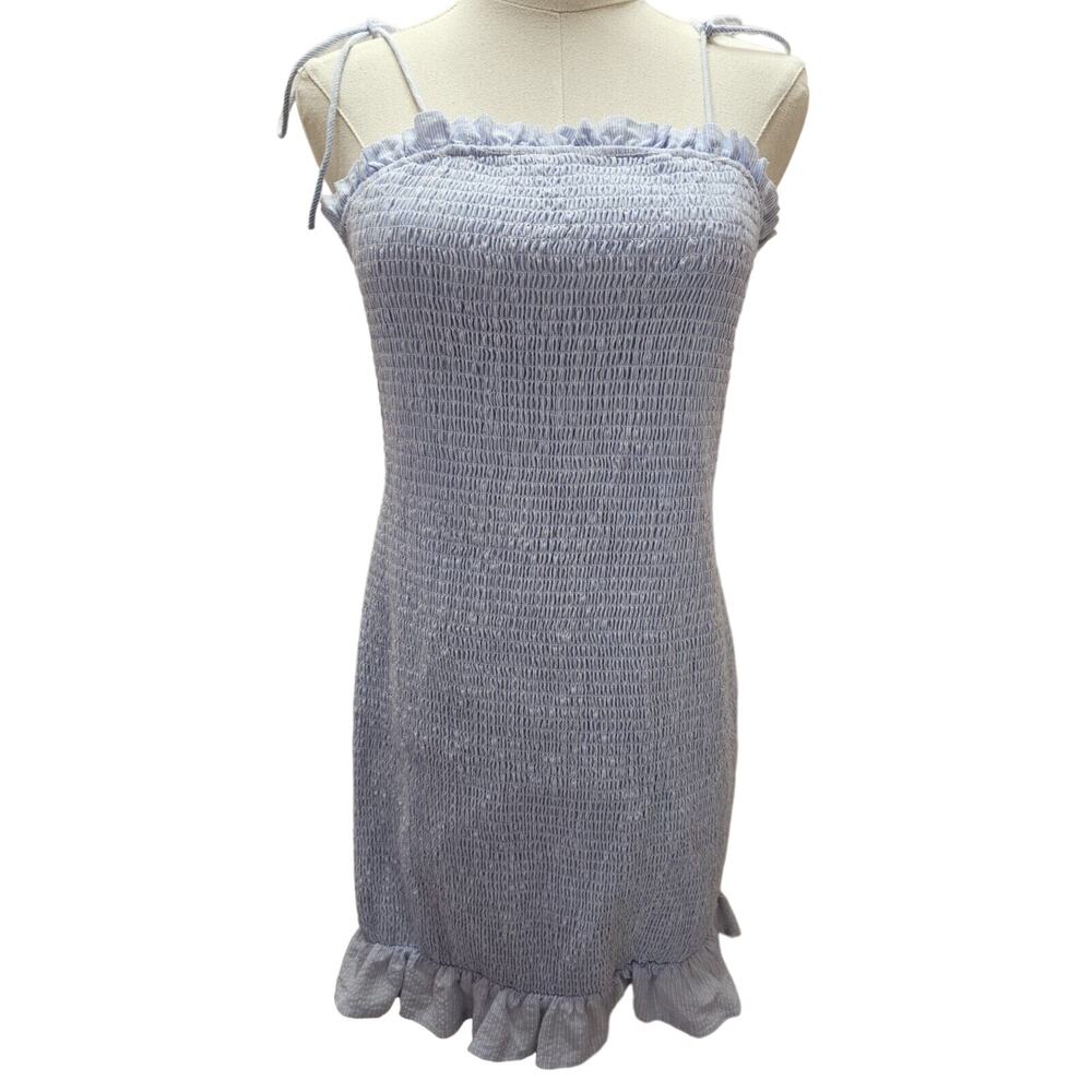 Baby Blue Mini Smocked Bodycon Dress Ticking Design Tie Strapless Medium M‎ L